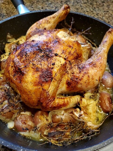 One Whole bird in EuroCAST’s Chicken Fryer. This one from Chef Andrae is cuddled up close with onions, whole heads of garlic, fresh thyme and baby red potatoes.