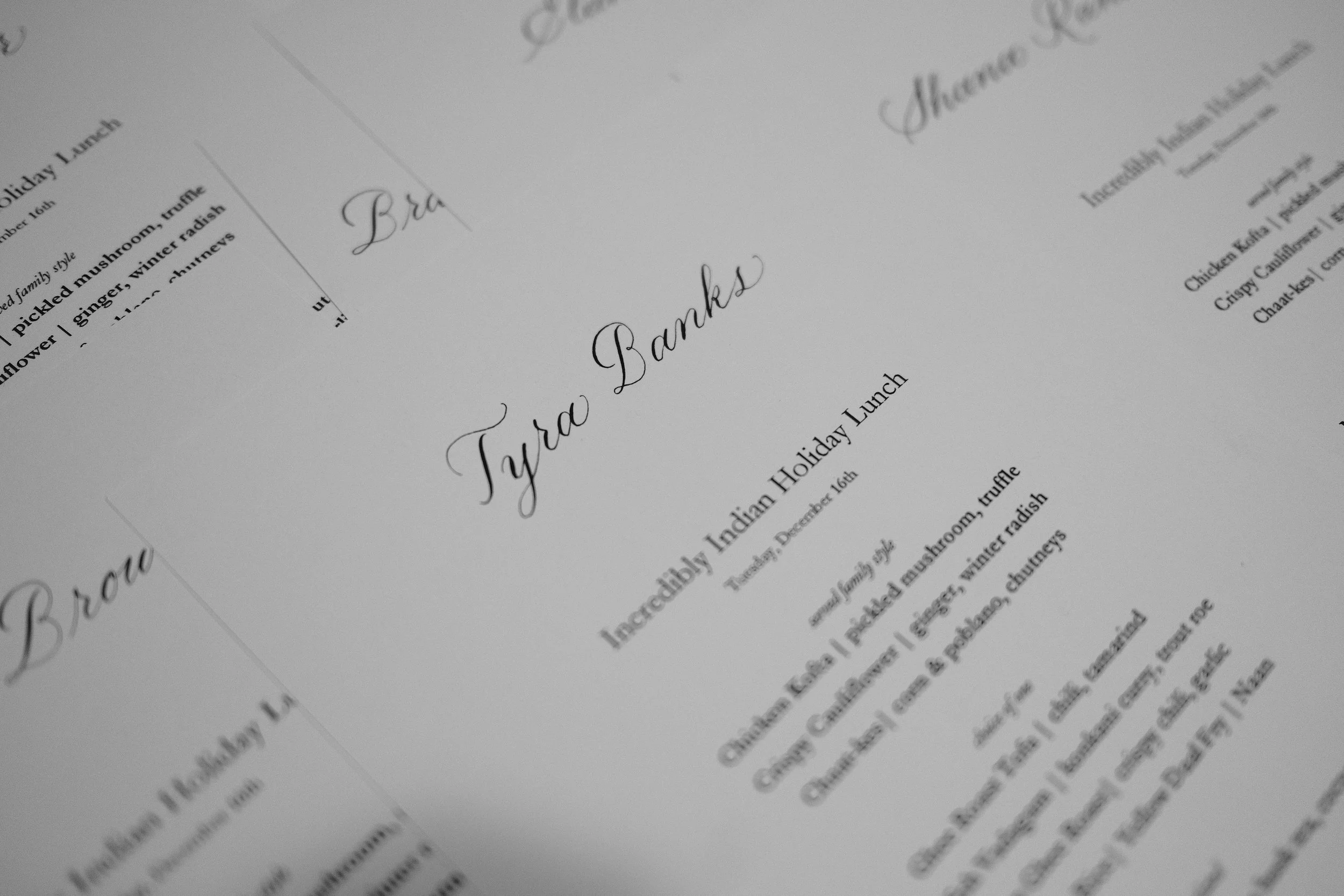 Black ink calligraphy for private holiday lunch.