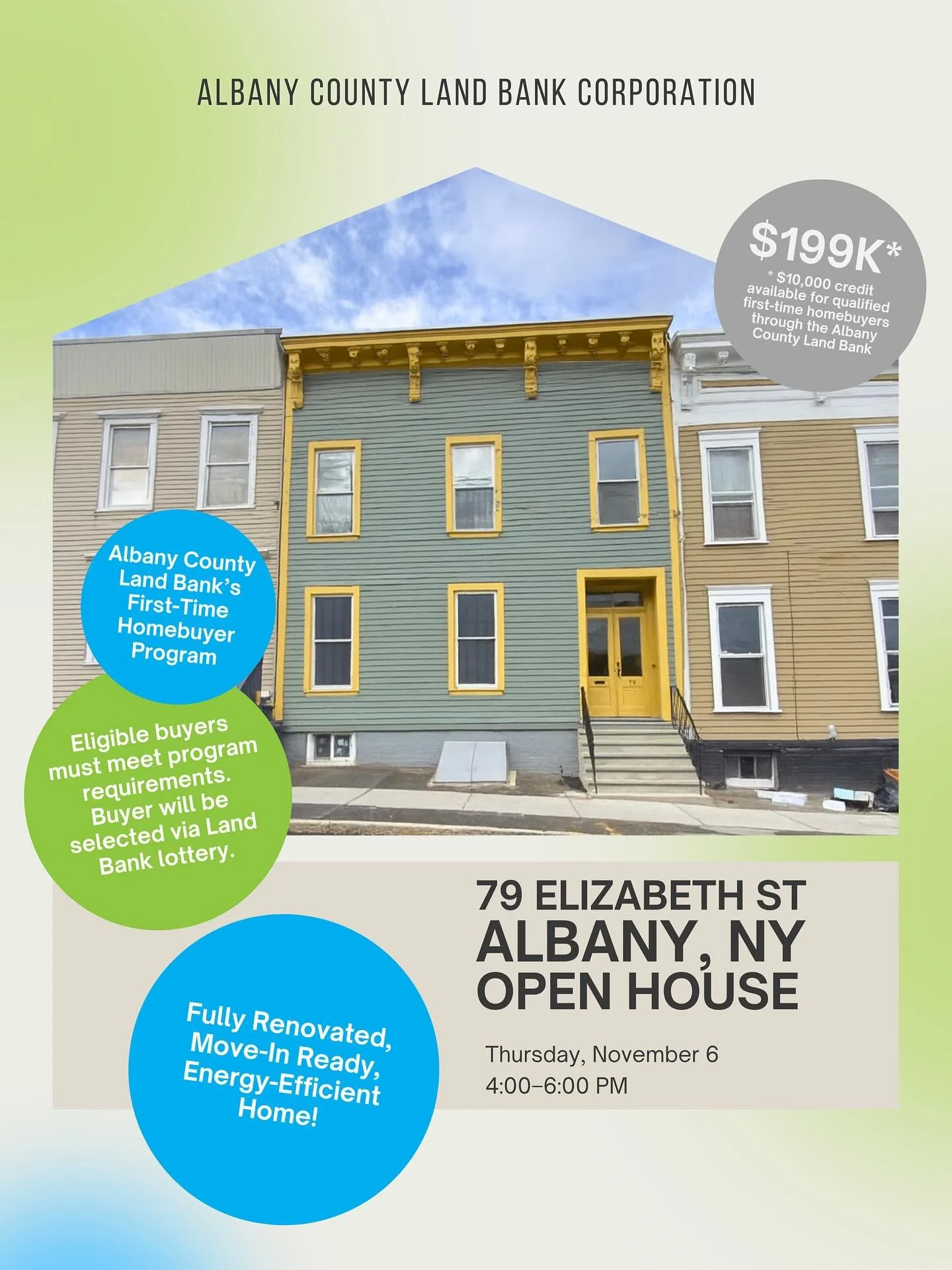 Big things are happening on Elizabeth Street! 🏡
Come see how the Albany County Land Bank is creating pathways to homeownership and transforming neighborhoods — one house at a time.
📍 79 Elizabeth Street, Albany
📅 Thursday, November 6 | 4&n