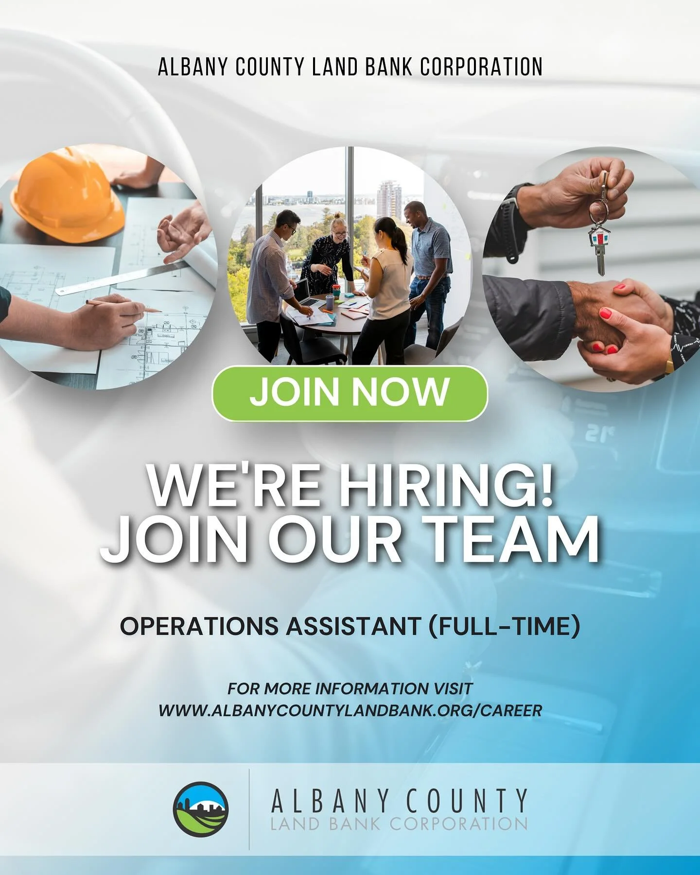 We&rsquo;re growing our team! 📣
&nbsp;
The Albany County Land Bank Corporation is hiring an Operations Assistant to support property operations, community outreach, administrative functions, and field projects that help revitalize neighborhoods thro