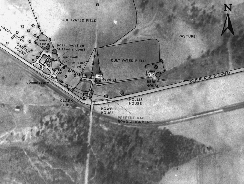The 1941 aerial photograph of the Jimmy Carter Boyhood Farm, with structures and other features of interest outlined. 