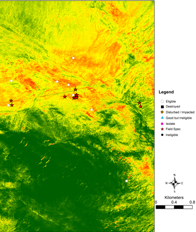 Red stars show the locations where spectroradiometer readings were taken. The white dots are locations of archaeological sites that have been identified as being potentially eligible for listing on the National Register of Historic Places, a list of the most important archaeological sites. The background is the first version of the DDM. Red areas are those where the model predicts intact archaeological sites to be most likely, green areas are those least likely, yellow and organize designate areas where such sites are somewhat likely to be found. We can see here that this first version of the DDM performs well; the atmospheric correction that will be based on spectroradiometer readings should further improve the performance of the model.