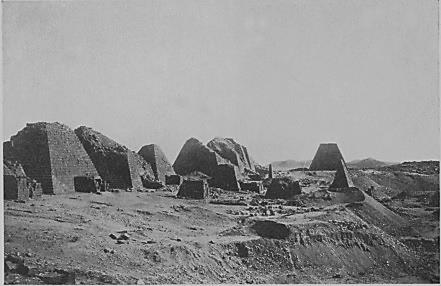1922 photo of the Meroe pyramids, showing no sand dunes where we see them today. 