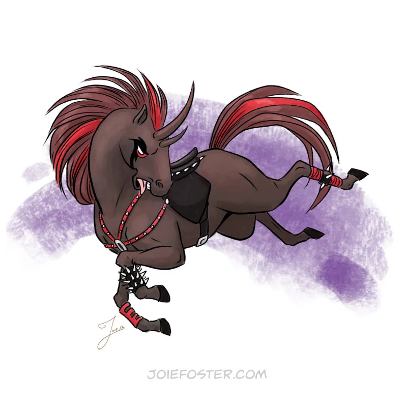 The first nocturnal unicorn on the list, Thrashicorn lives so deep in mosh pits that no light can reach her. Powered by face-melting rock that would make your deaf grandma go even deafer, she bucks societal norms and isn't afraid to let her inner mustang run free. Although her number one band is Equineox, she also attends every Powerhööf and Caine's Mane concert too. 