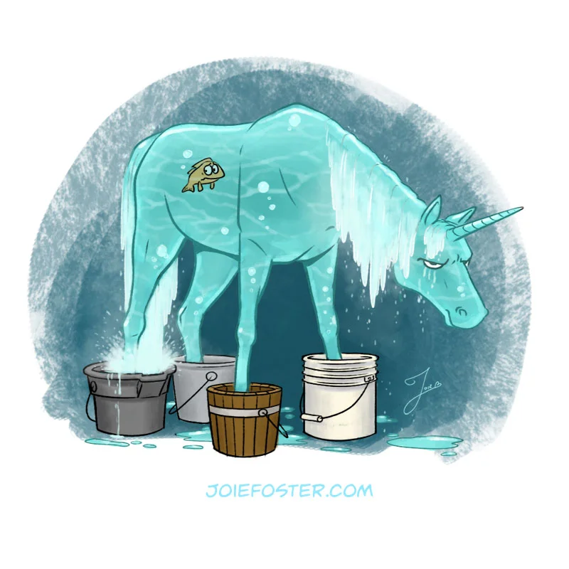 The Puddlecorn always gets his recommended eight glasses of water a day. While he can navigate oceans, rivers and bathtubs with ease, dry land is more difficult than a world-record breaking butterfly stroke... against the current... in quicksand. Since his last party invite ended with soaking pergo, he's developed a bit of a 'wet blanket' personality.