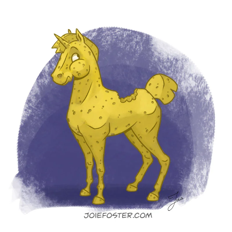 The Goudacorn is a rare specimen made entirely of an extremely delicious, unidentifiable type of cheese. Often pursued by those who think plain crackers are an abomination, his distinct scent makes it impossible to hide (especially if he's been sitting in the sun). Because his magic is self-regenerative, these nibblers are more annoying than anything. He makes an appetizing pair with his best friends, the Vinocorns. You can quit with the cheesy jokes, he's heard them all.