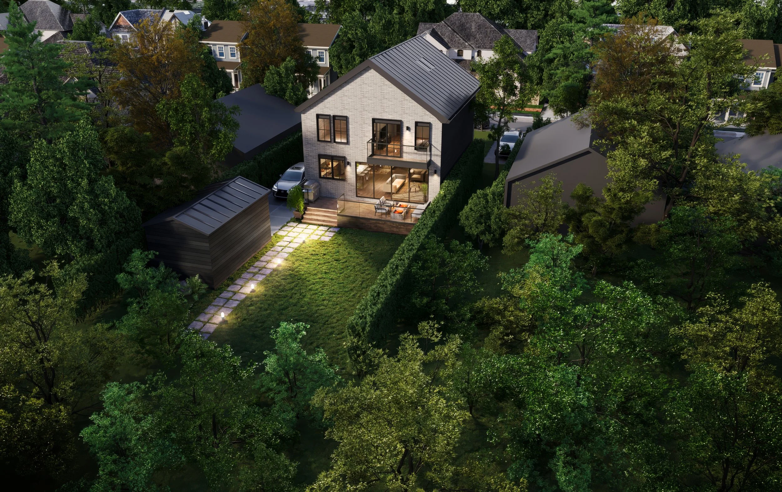 Rear aerial rendering of 180 Forest Hill Avenue residential renovation and garden in London, Ontario