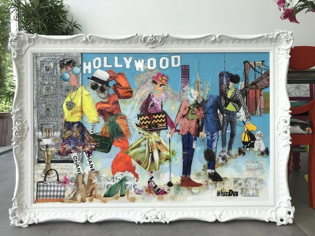 Large family commission with personal memorabilia within body of work including foreign notes, magazines literature, travel and events ticket stubs.