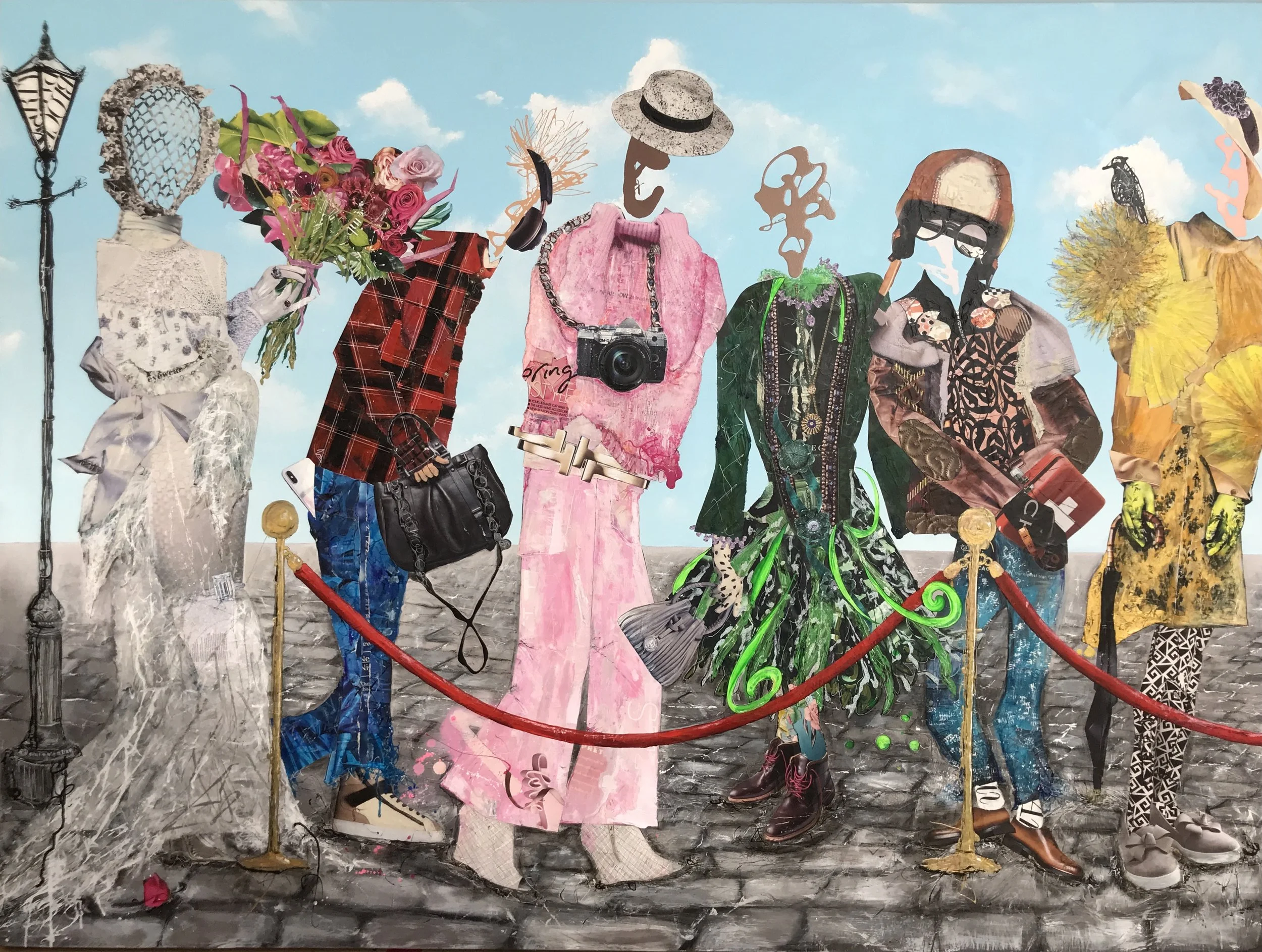 Part one of Virgin Hotel commission (with a nod to the location of the old Church) this piece uses hundreds of recycled magazine pieces the foundation to create these diverse but fun characters. This is the biggest ‘Quirky Queue’ to date where Wendy