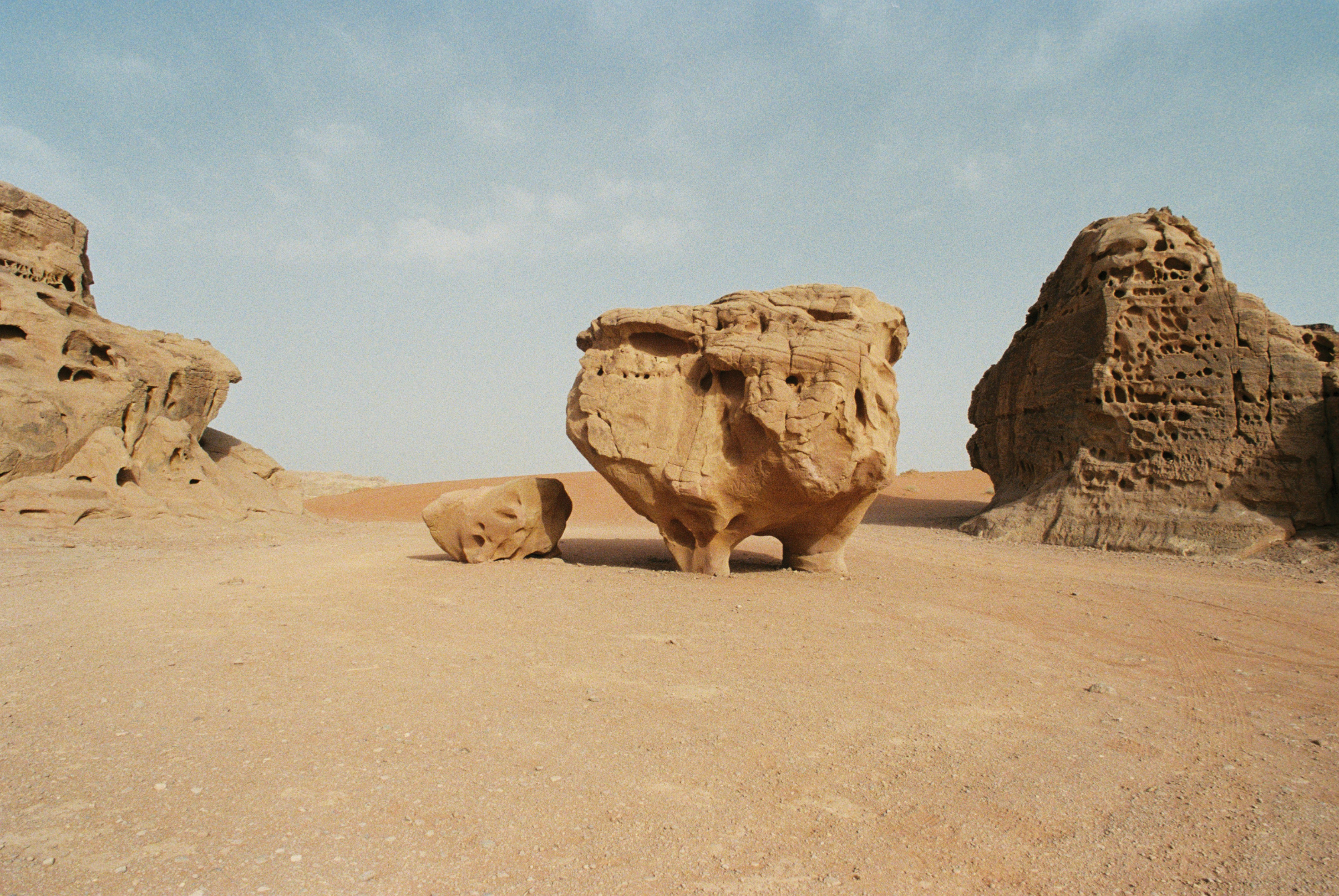 A unique sandstone rock formation in the desert of Wadi Rum, also known as The Valley of the Moon.