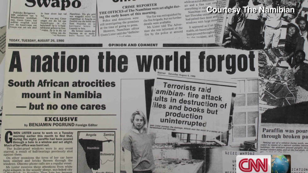 Production Uninterrupted : Journalist Gwen Lister on the front page of The Namibian, after their office was bombed in October 1988. Image Courtesy: The Namibian via CNN
