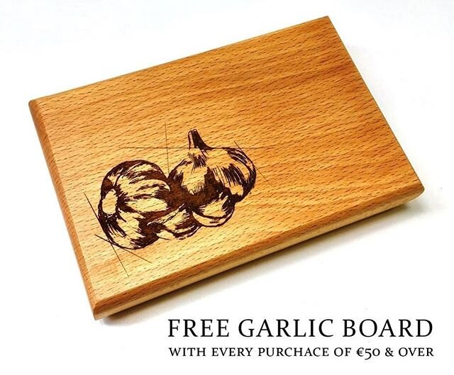 PROMOTION: FREE Garlic Board with every purchase of &euro;50 &amp; over on our website (link in bio).
.
This beautiful garlic board is made using home-grown, Irish, hardwood beech. It is adorned with an original illustration by @ddeeca, which is lase