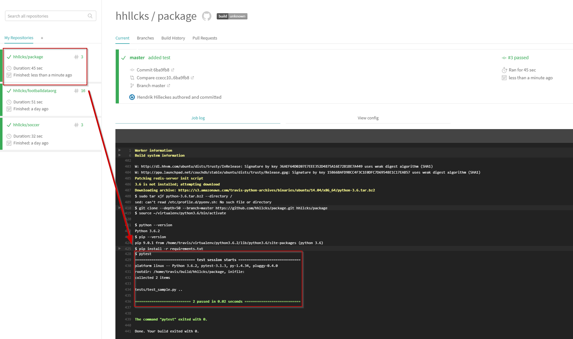 Travis CI calls pytest after installing the package. This gets triggered after every push to your GitHub repository. 