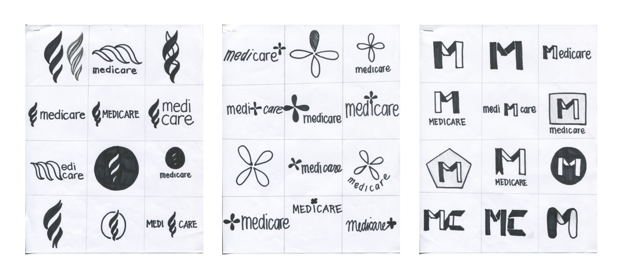 Based upon peer critiques, I chose three directions to experiment with. Keeping my key attributes and mission in mind, I sketched symbols with subtle references to a torch, medical cross, and the four parts of Medicare. At this stage, I kept the sketches loose to get a feel for the shapes I wanted.