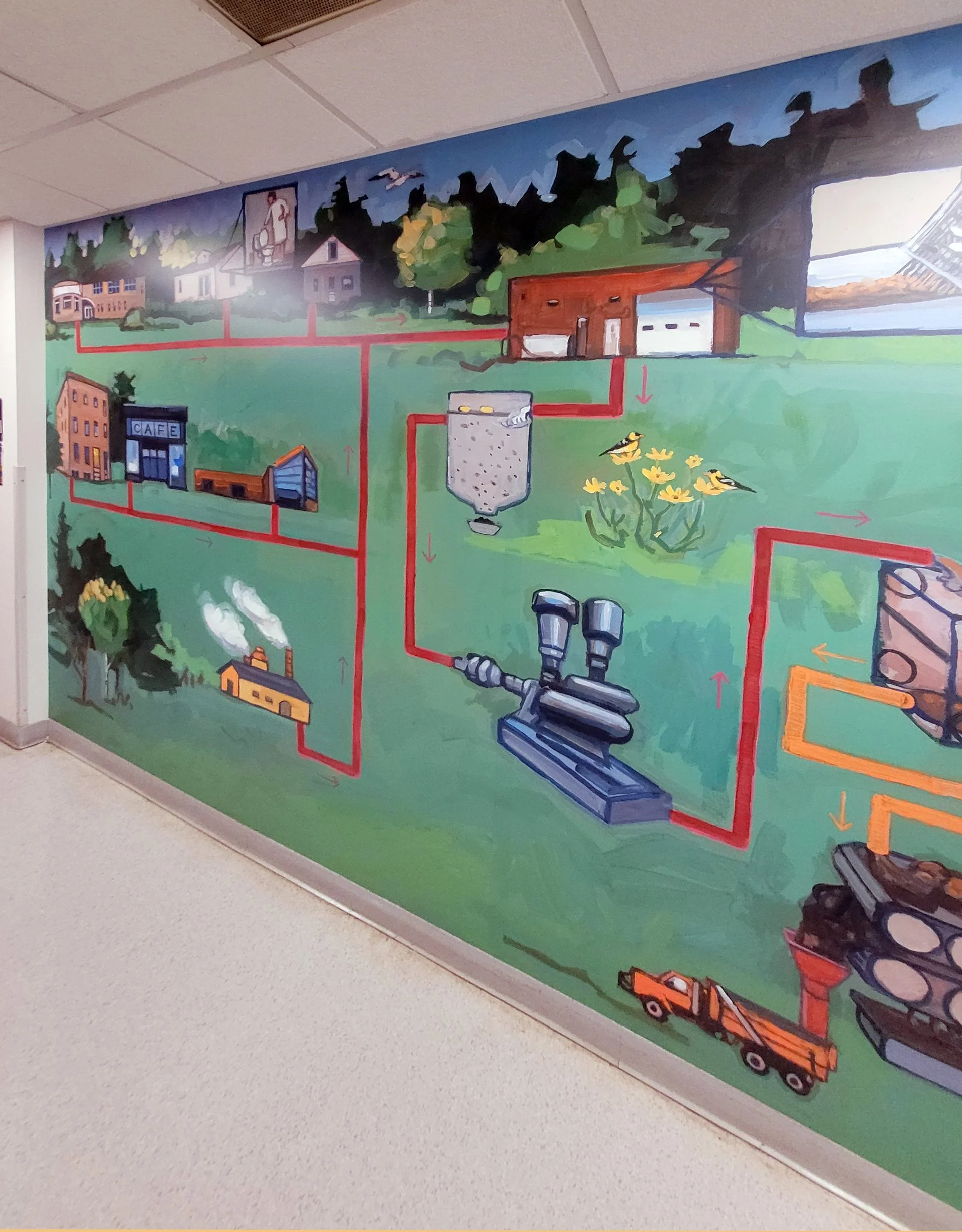  acrylic painting, printed on vinyl 21’ x 8’  commissioned and created 2025  Located at the Superior Environmental Services building 51 E 1st St, Superior, WI 54880 