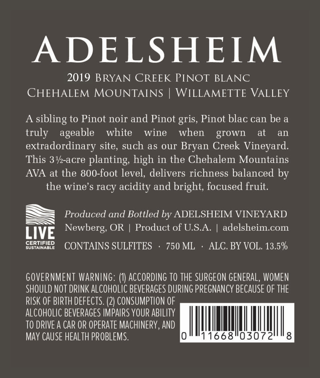 Adelsheim 2019 Bryan Creek Pinot blanc back label