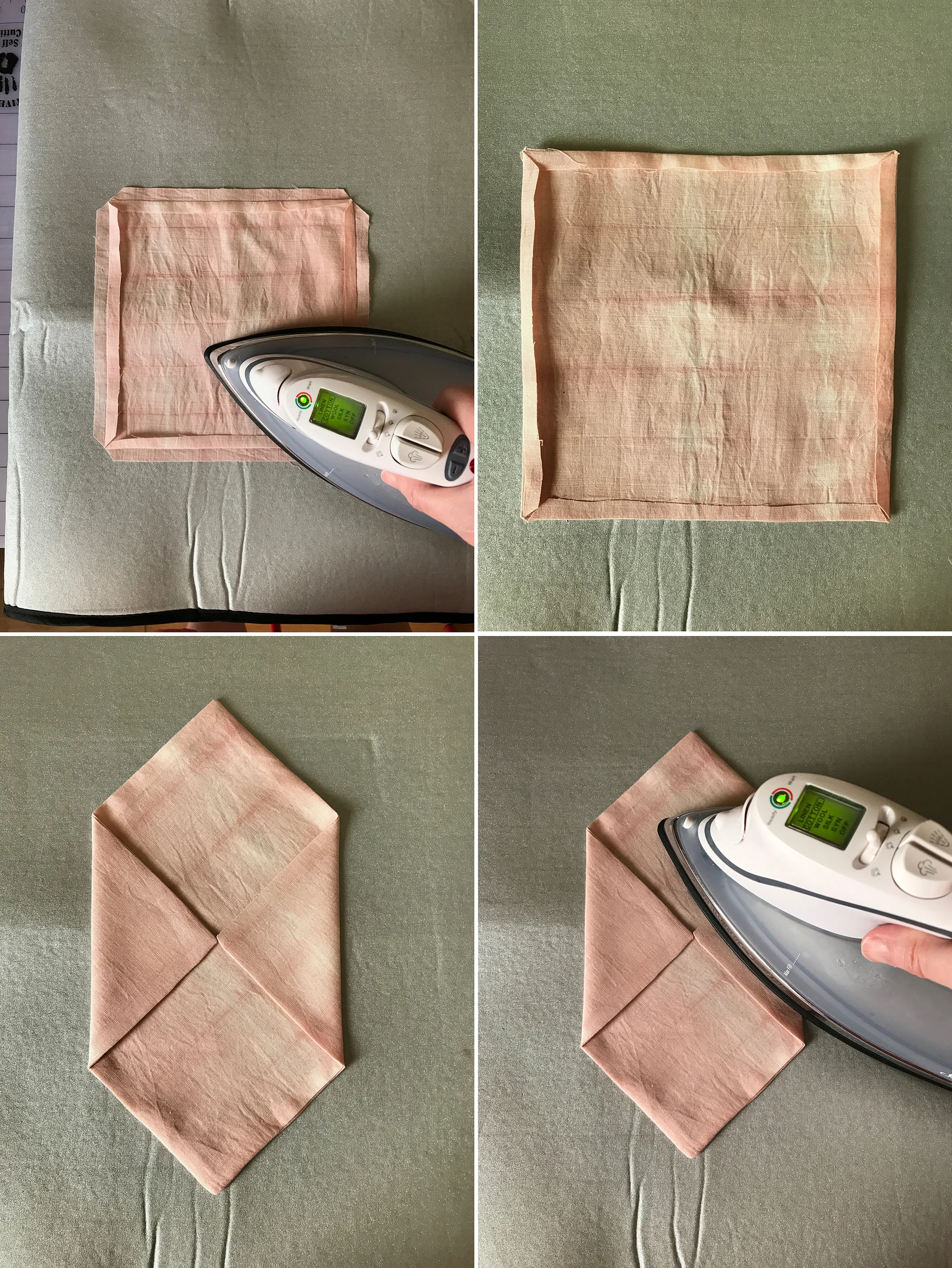 13. Press the seams back using an iron. 14. Do this for both sides. 15. Carefully turn the work right side out, using a blunt pencil or dull-tipped dowel to make the corners nice and sharp. Fold in the side flaps until the "noses" touch, using your paper pattern for reference (the cardstock as well if it makes things easier). 16. Create well using the iron.