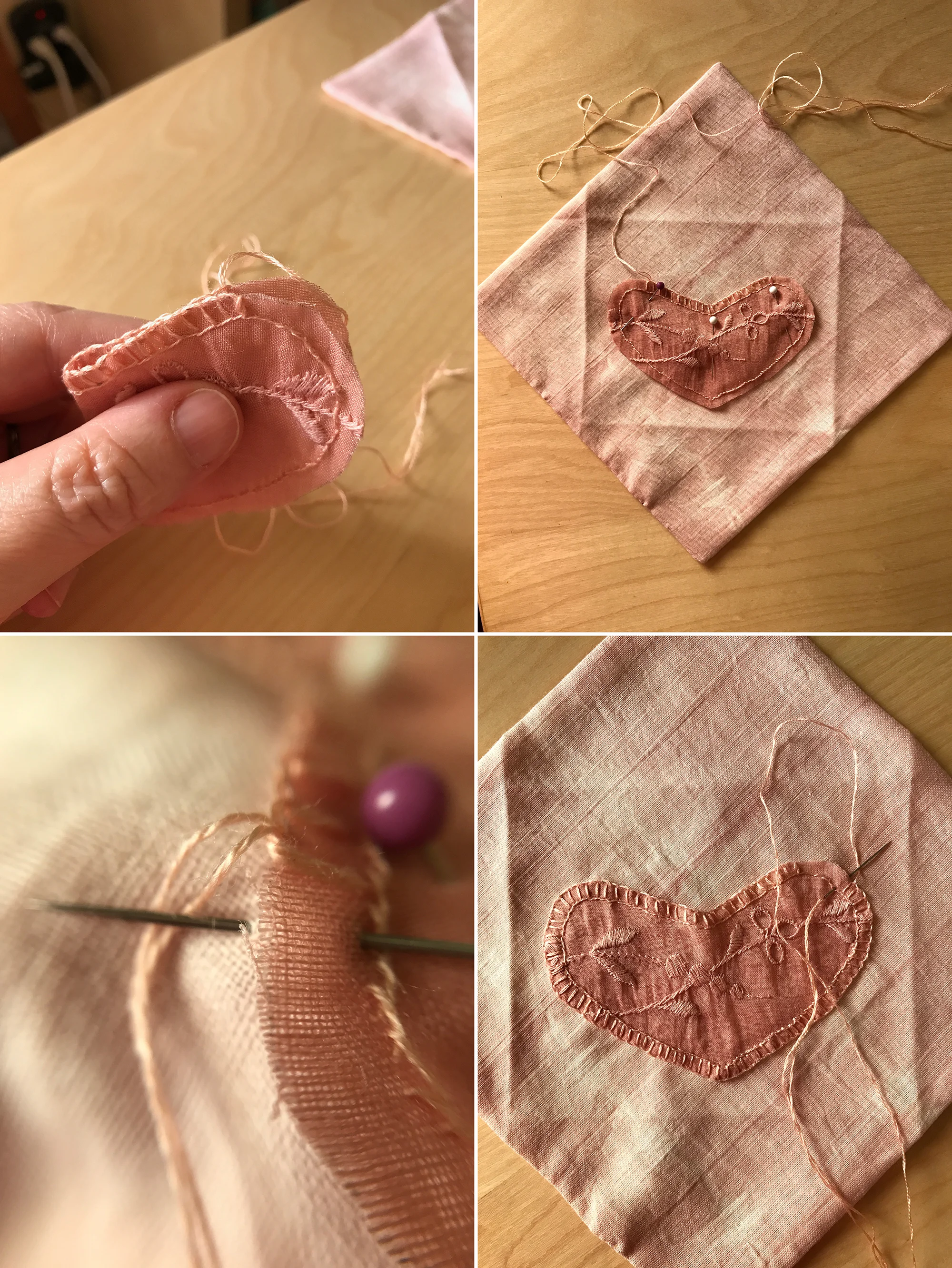 29. One easy way to tell if you're at an equal point is simply to fold your heart in half. 30. It's now time to secure the heart pocket to the back of the envelope. Use your iron creases as a guide to center your heart side to side, but leave a little extra space at the top. Pin in place. 31. Continue with the blanket stitch, but now when you insert your needle, go through the envelope, too and come out through the envelope at the edge of the heart. 32. Work your way around to where you began stitching.