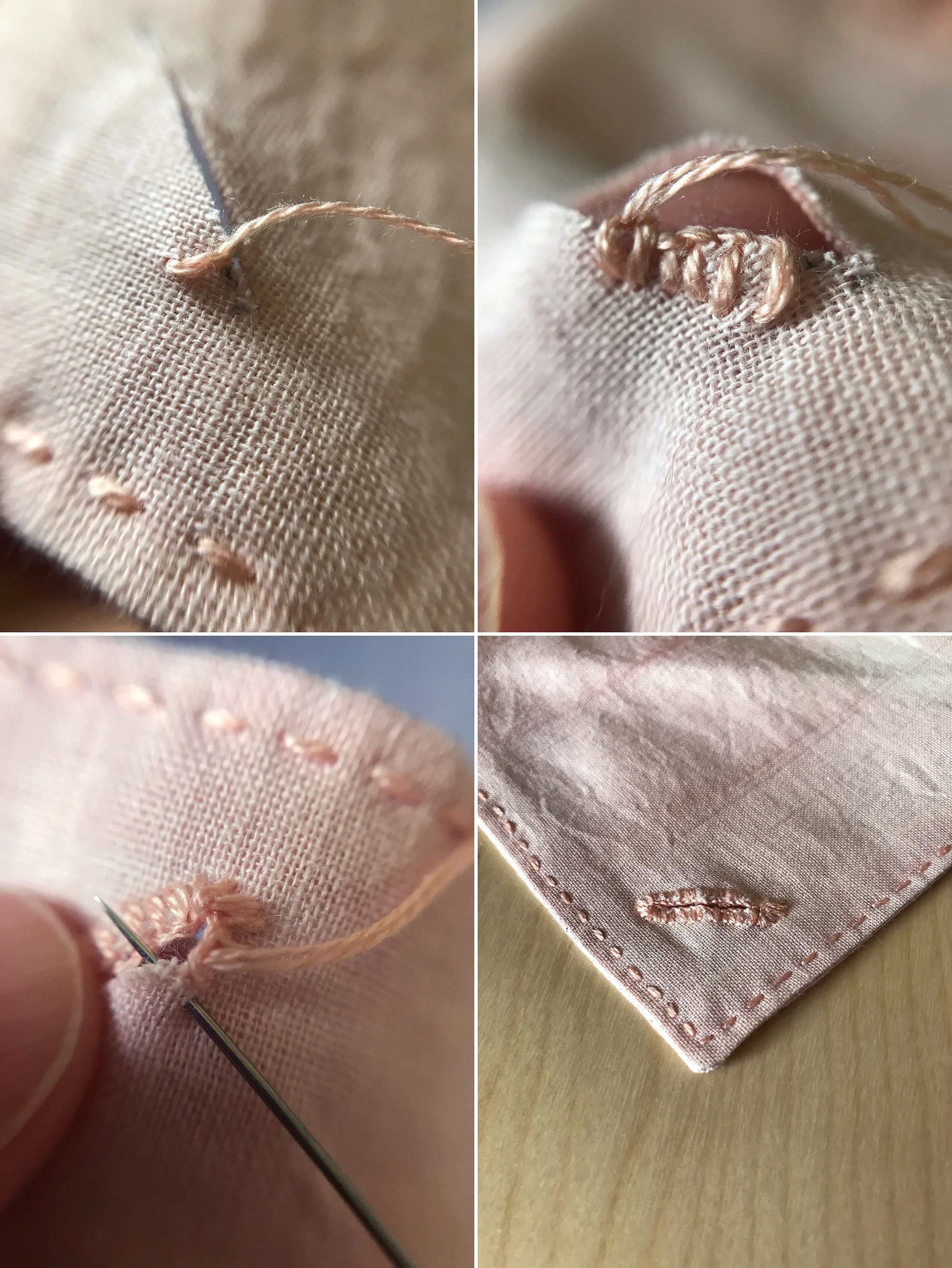 41. To hand-sew the button hole, you're going to once again use . . . you guessed it, blanket stitch/button-hole stitch. Return to using two strands of floss and a knot at one end. Insert your needle between the layers of fabric, back to front, about 1/8" (3mm) from one end of the cut on either side of the cut you choose and about 1/16" from the cut. 42. Repeat the blanket-hole-stitching process, just like you did on the heart, only this time, keep your stitches close together and a bit shorter. 43. When you reach the end of the first side of the button hole, round the edge by keeping the top of the stitch (the raw fabric edge) small and the bottom slightly farther apart. Then proceed along the second side. 44. Continue until you reach the spot you began and knot/tie off. Press the button-hold work with an iron.