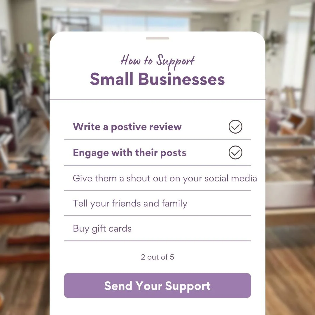 "Supporting small businesses makes a big difference! Whether it&rsquo;s writing a positive review, engaging with our posts, or sharing us with your friends, your support helps our Pilates community thrive. 💜 Thank you for keeping us moving! 

#