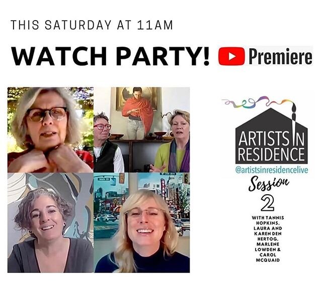 Reposted from @carolmcquaidart Set a reminder to join us for our Watch Party on Saturday at 11am 😁📺🥂. Join me at @artistsinresidencelive for studio tours with fellow @13feetofftheground artist @tannishopkins , my @thriveartstudio buddy @marlenelow