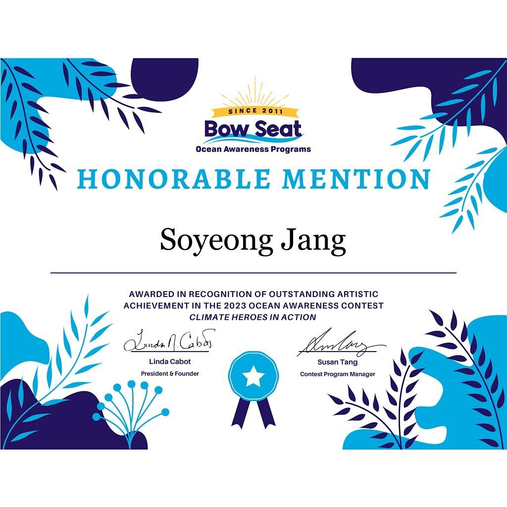 🌊 Shrinking the Problems Away with Marino Morikawa
Bow Seat 2023 Ocean Awareness Contest Winners are here!

🎉
Congratulations to Soyeong for winning the Honorable Mention!

#spaceinartstudio #bowseat #oceanawareness #contest #contestwinner #honorab