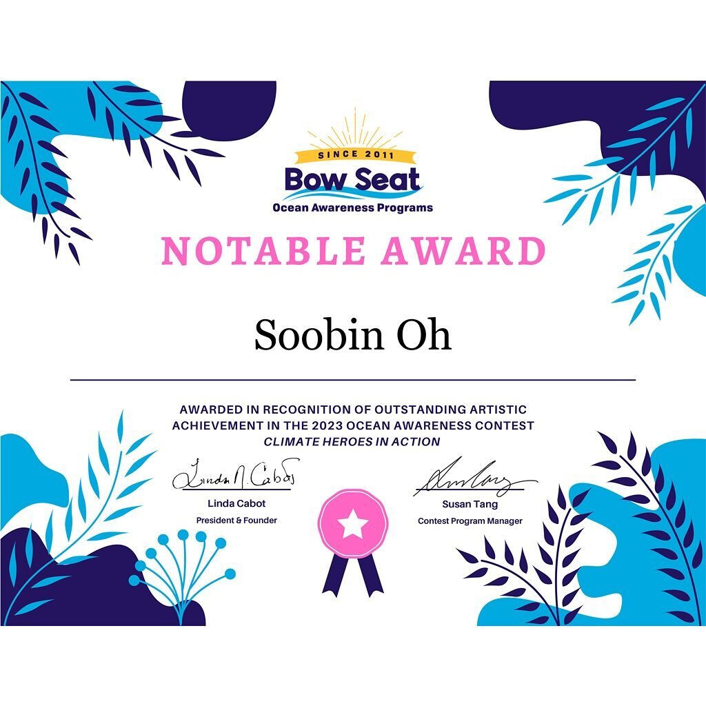 🌊 Which Future Will We Choose with Sumarni Laman, Youth Act Kalimantan and The Heartland Project
Bow Seat 2023 Ocean Awareness Contest Winners are here!

🎉
Congratulations to Soobin for winning the Notable Award!

#spaceinartstudio #bowseat #oceana
