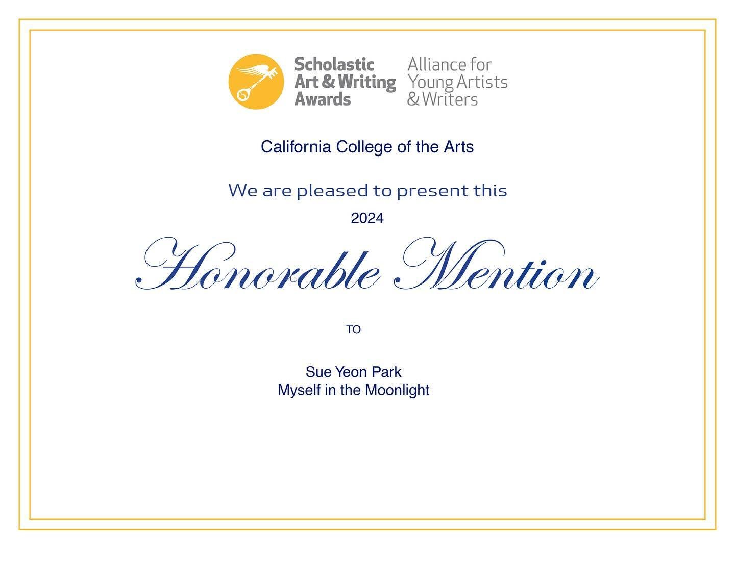 2024 Scholastic Art Awards WINNERS are here! 👏 🎉
Congratulations Sue Yeon for winning the Honorable Mention this year! 
You are one amazing young artist 🧑&zwj;🎨🩵!!!