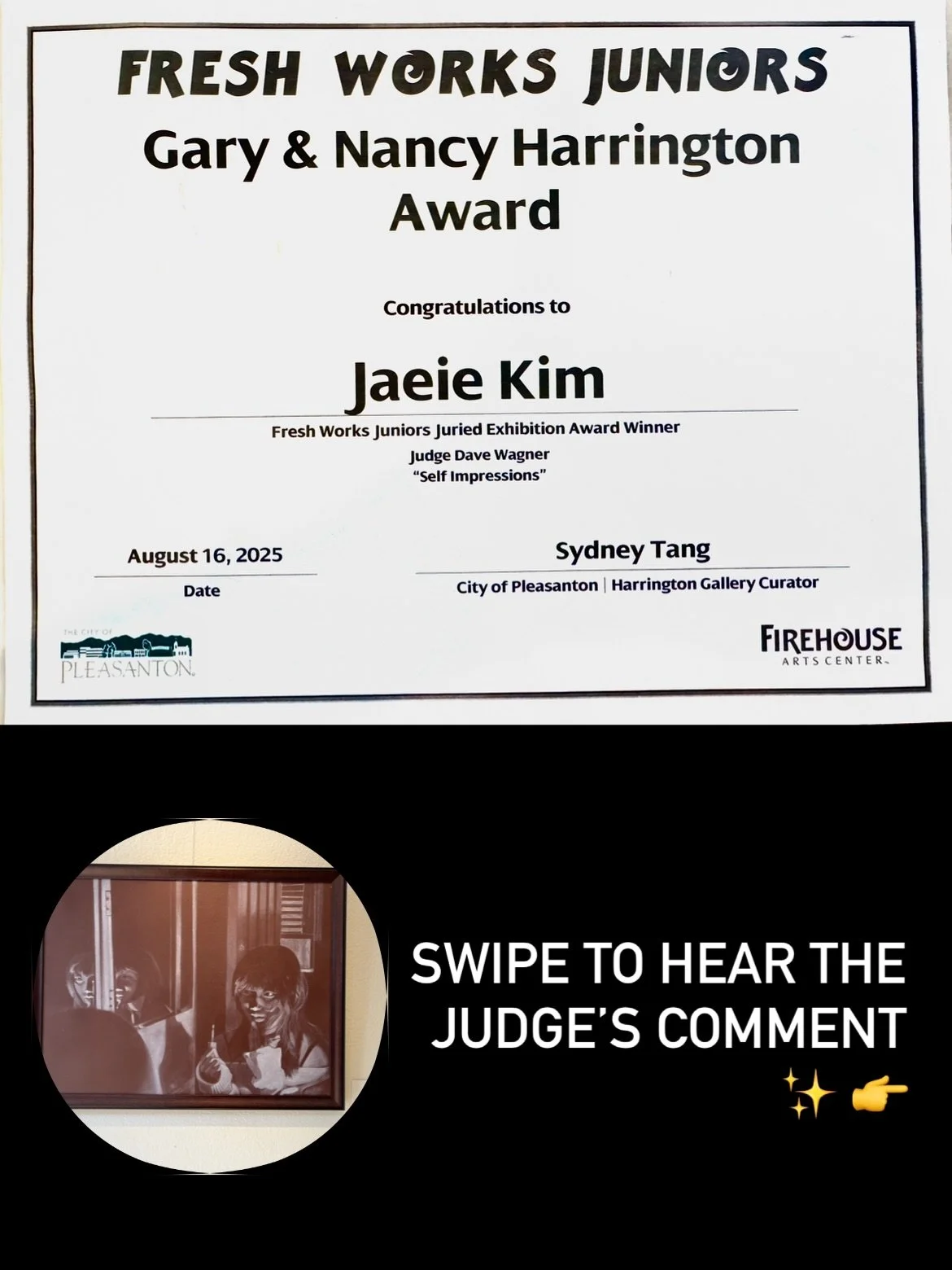 Congratulations to Jaeie for receiving the highest award at the exhibition! What an exceptional honor, made even more meaningful with a personalized comment from the judge.
We’re also so proud of our other students who received awards and reco