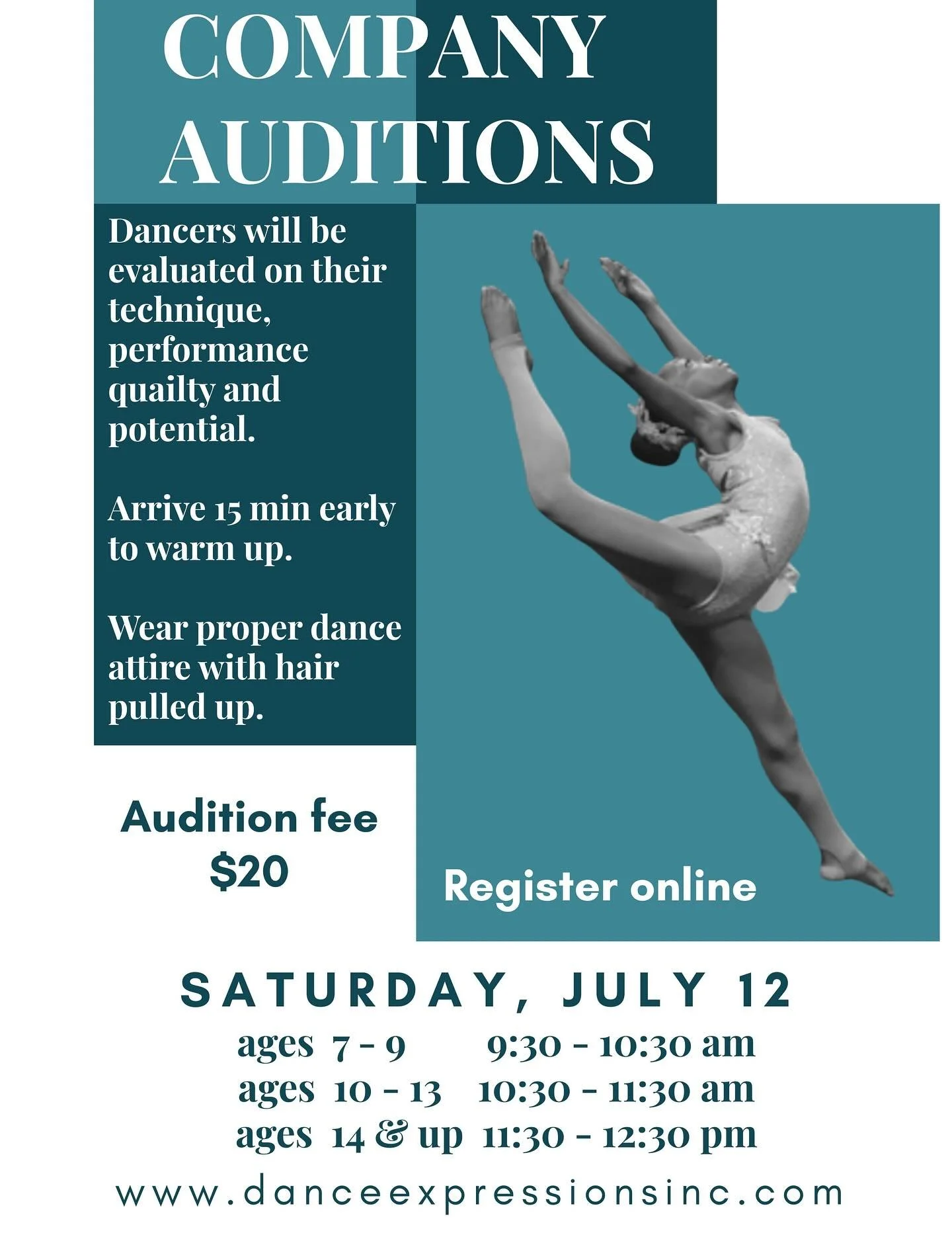 Hello DE Community!

 Interested in Our Dance Company?  Our first summer audition is Saturday, July 12.

Our dance company is designed for those dancers who love to dance, are serious about their training and want to do more!  More classes, more work
