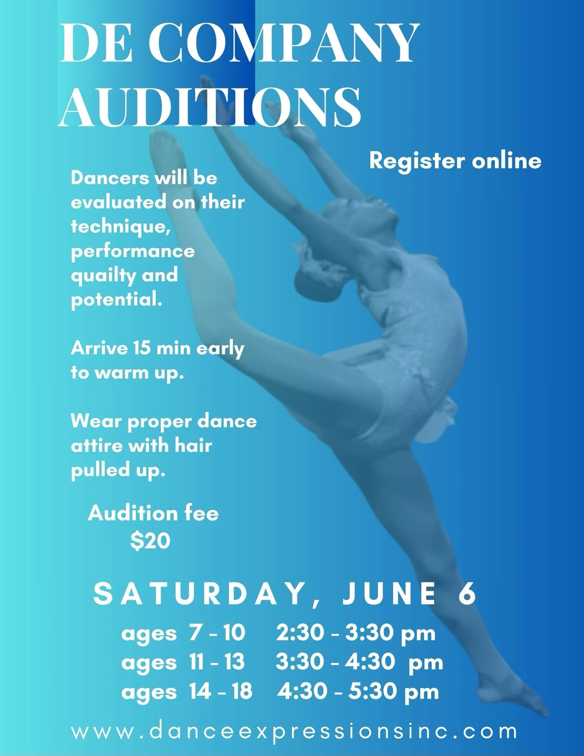 DE Company Auditions Are This Weekend!
Dance Expressions Company auditions will be held on Saturday, June 6th for ages 7&ndash;10, 11&ndash;13, and 14&ndash;18. Registration is available online through our website.
We hope to see you there! #wearede 