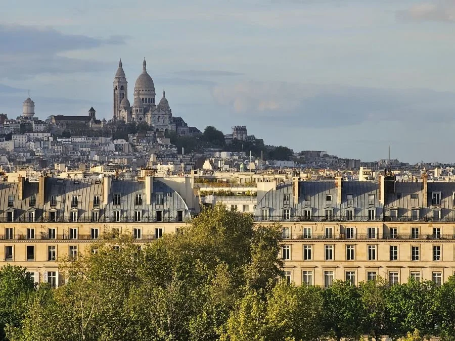 Two identical yellowish buildings in Paris with a city skyline behind them and a hilltop church in the distance.