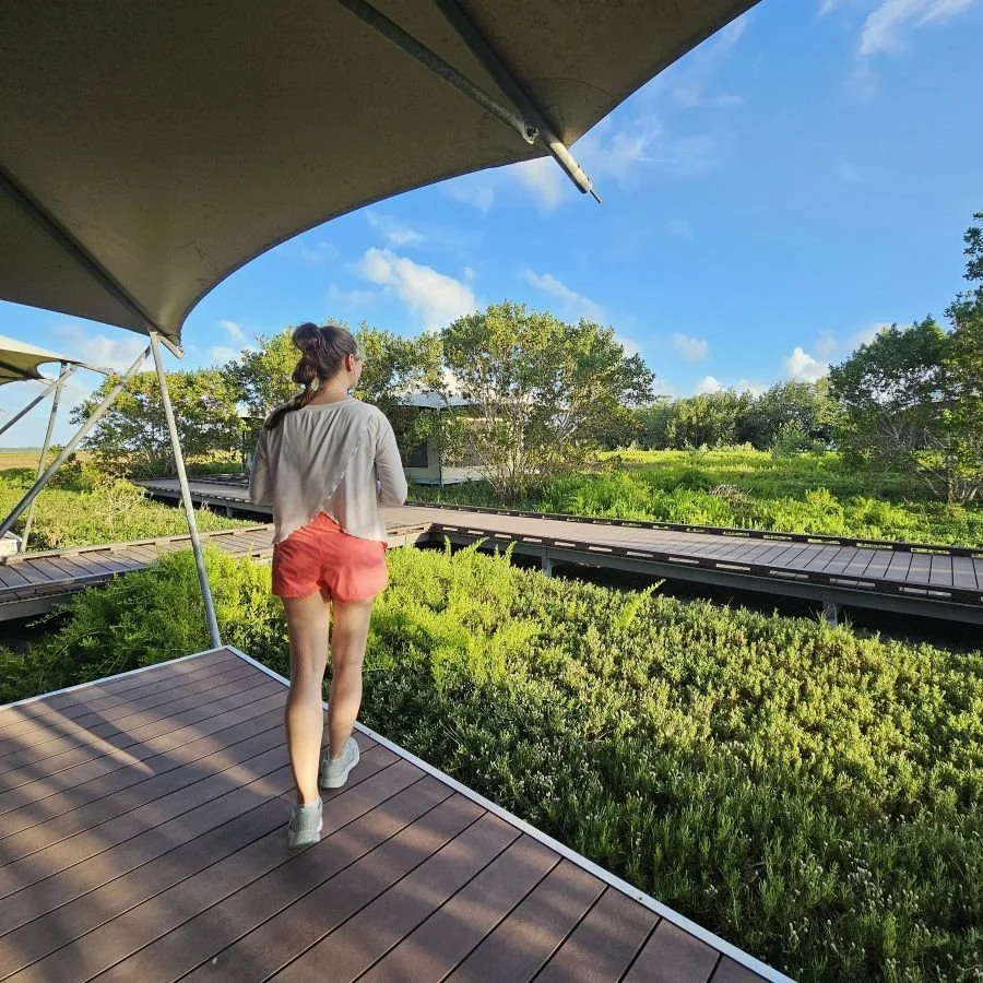 A woman in red shorts and white shirt stands with her back to the camera on a wooden platform looking out over a campground