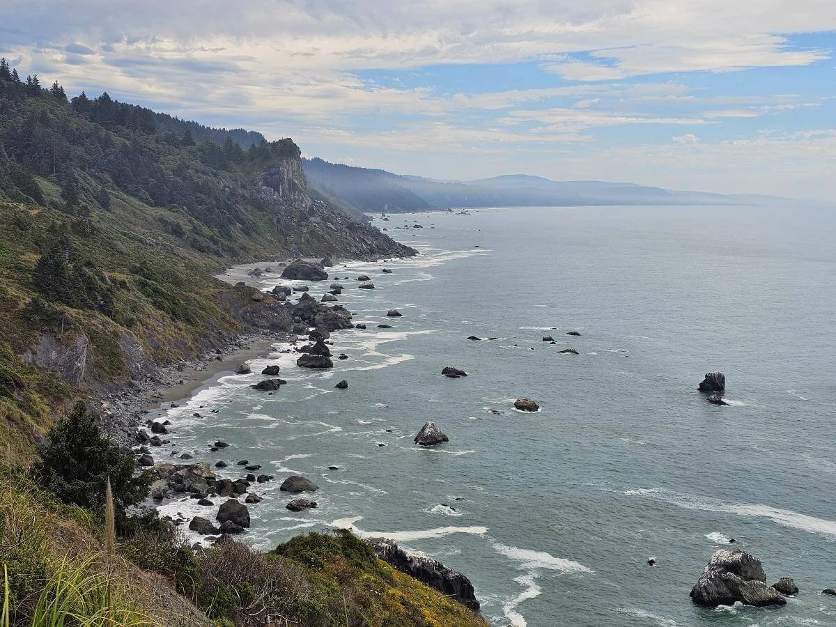 Elevated view of cliffs and dark sand beaches on the coast of California