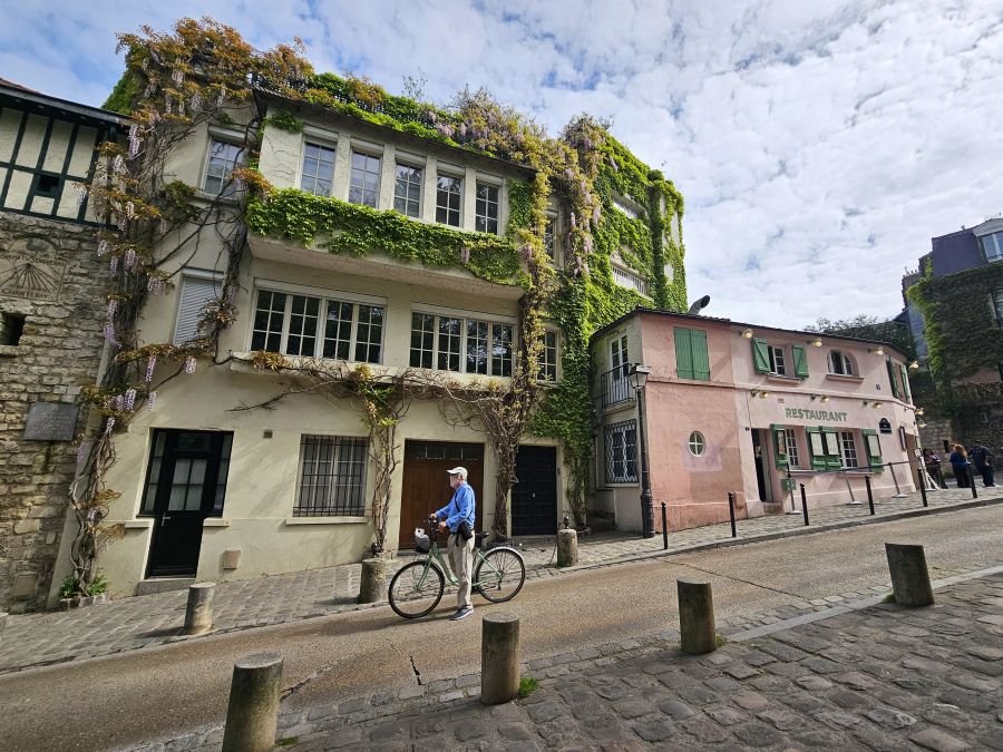 Pink and white buildings in Montmartre covered in green ivy under a blue cloudy sky