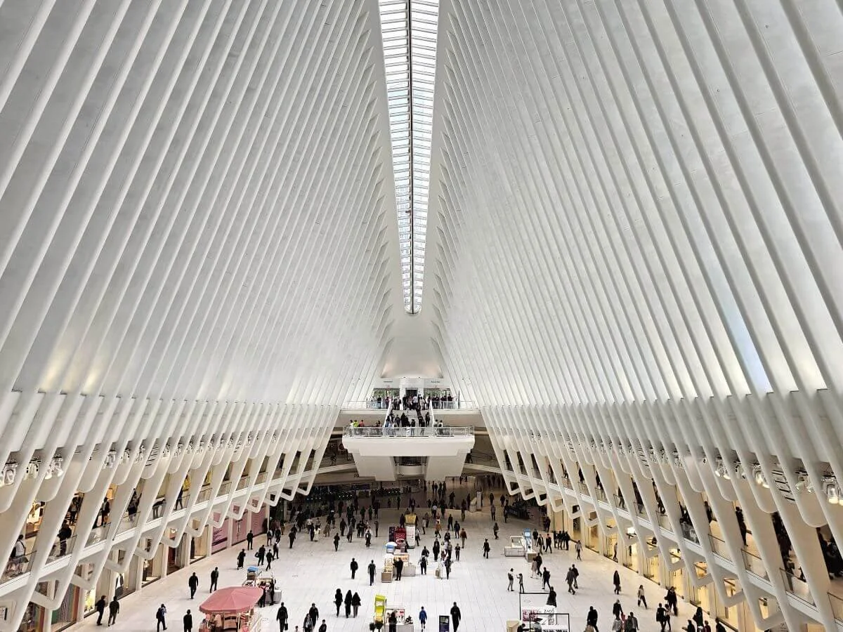 Lower Manhattan Oculus building with white spines along the exterior