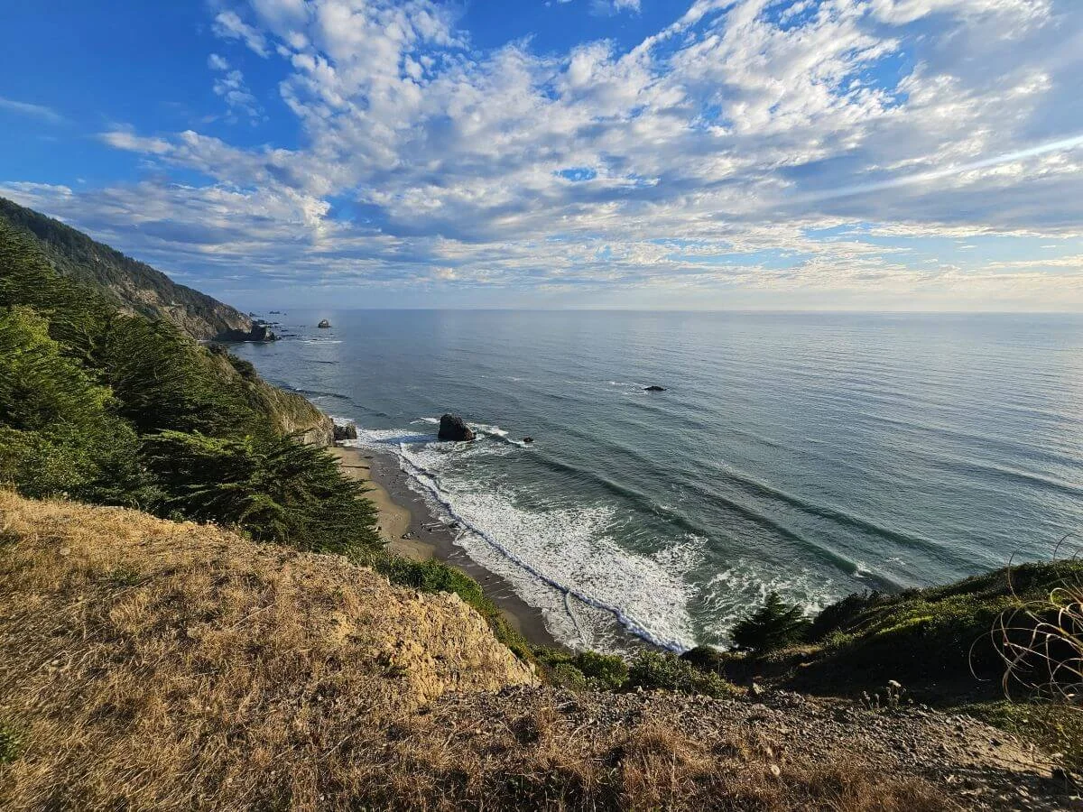 Elevated view of the California coastline with beach coves below in Crescent City