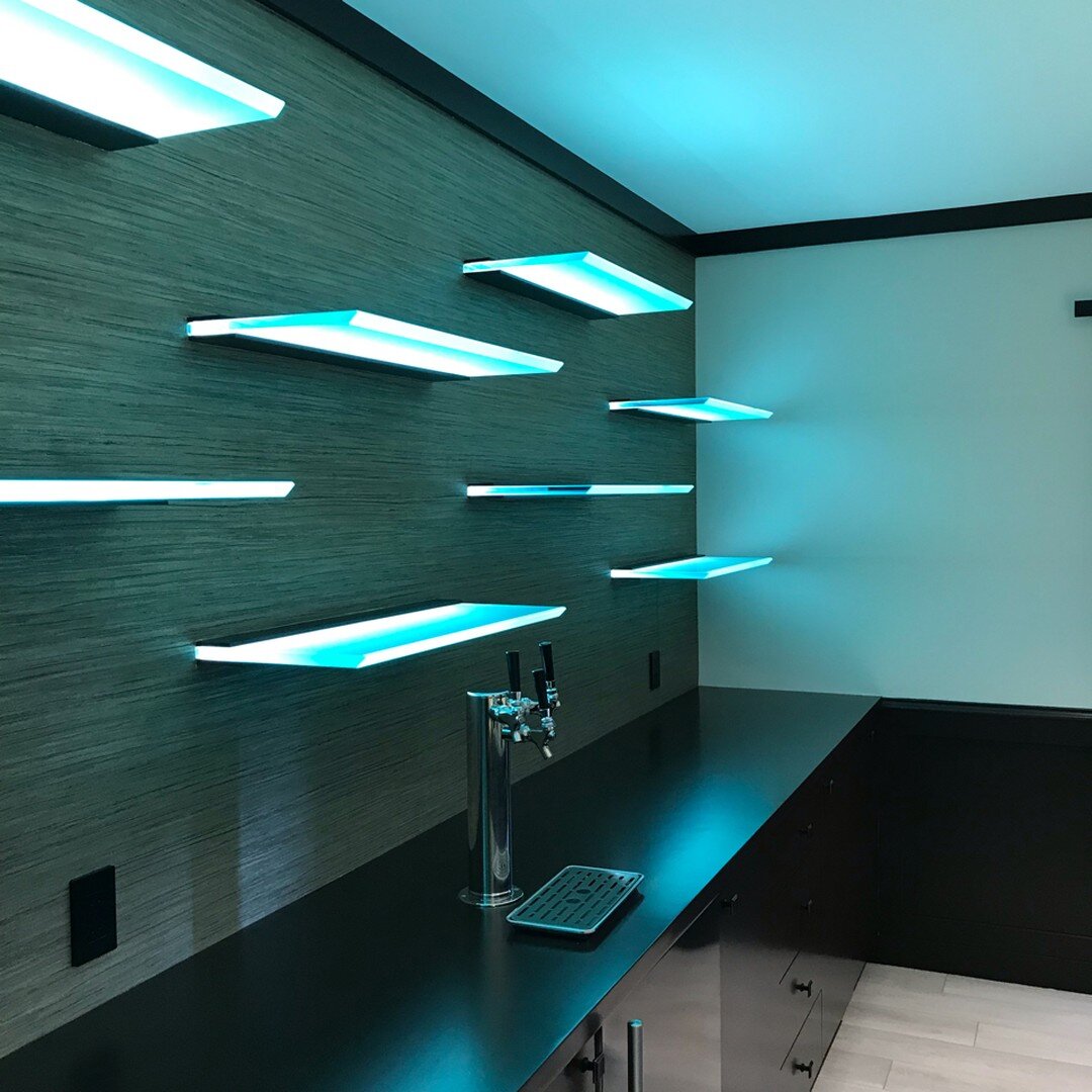 A few quick shots from our Marina project. The custom floating glass LED shelves are the star in this gorgeous home bar. #sfconstruction #sanfranciscobuilders #sanfranciscocontractor