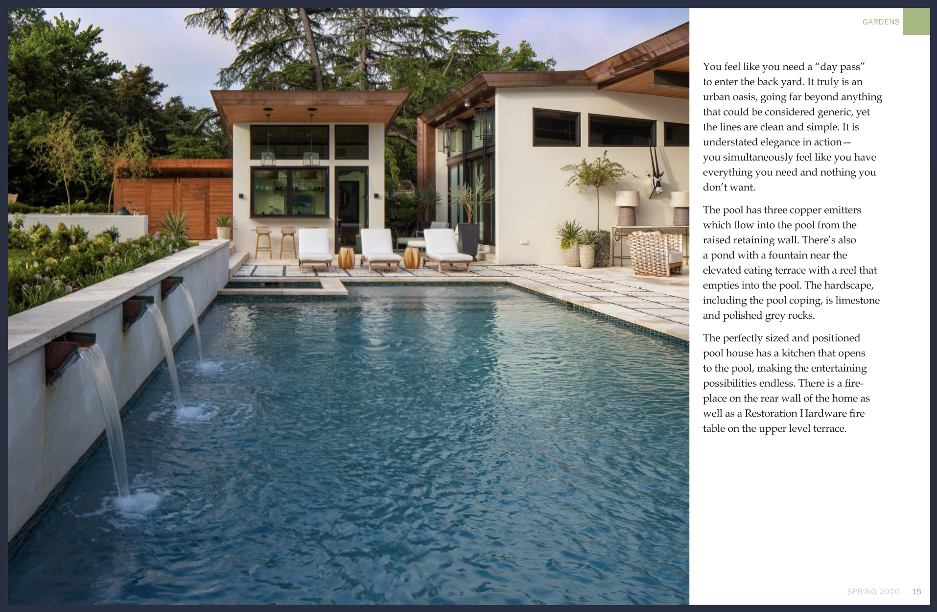 Retaining wall for elegant pool | Copper emitters for waterfall | Marcia Fryer Landscape Designs.png