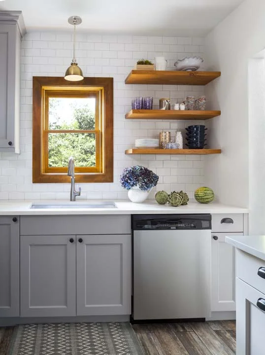 Modern kitchen, subway tile and exposed cupboard storage