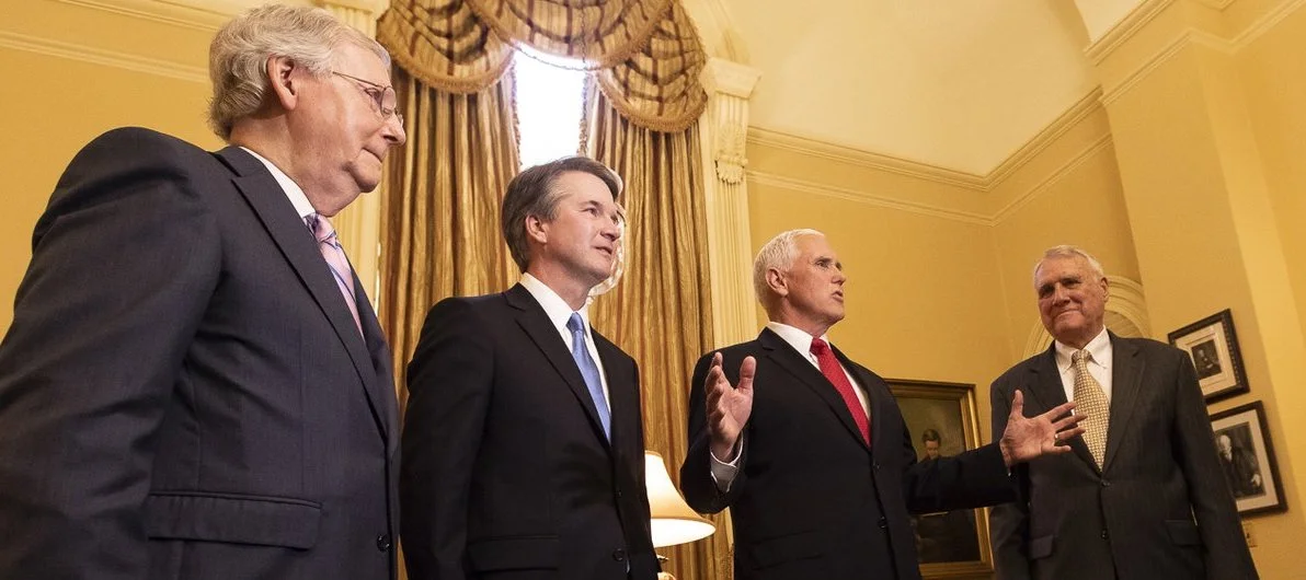 Supreme Court nominee Brett Kavanaugh with Mitch McConnell, Mike Pence, and Joe Kyl at the Capitol in July ( source )