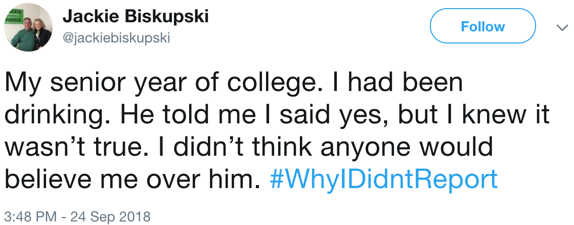 Jackie Biskupski’s tweet describing being sexually assaulted in college ( source )