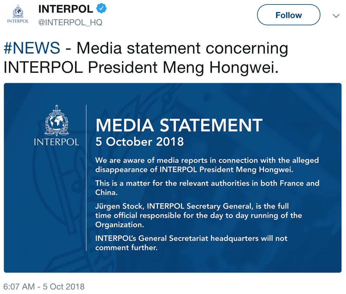 A statement from Interpol posted on Twitter ( Image )