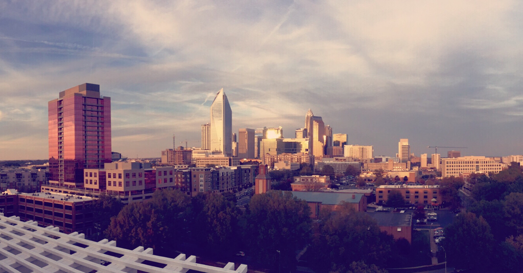 Charlotte skyline as seen from near the intersection of South Boulevard and East Boulevard (Image: Patrick Bradey)