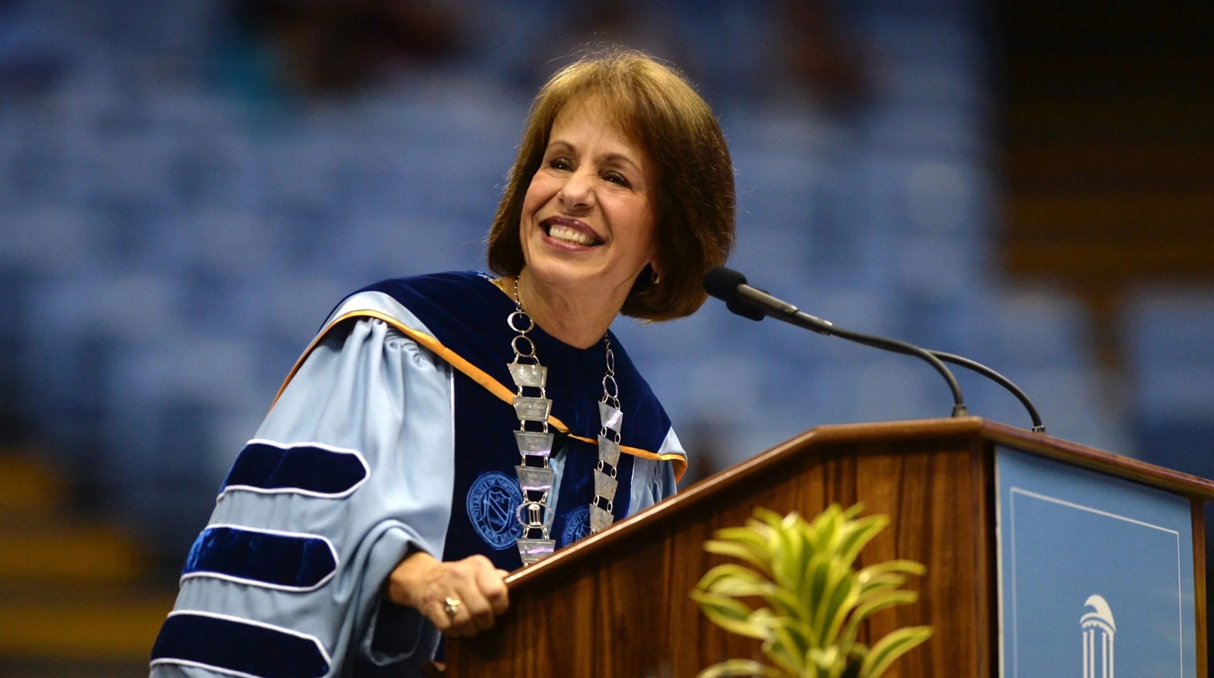 Chancellor Carol Folt, who will be resigning on January 31st, speaking at UNC’s 2015 winter commencement ( Image )
