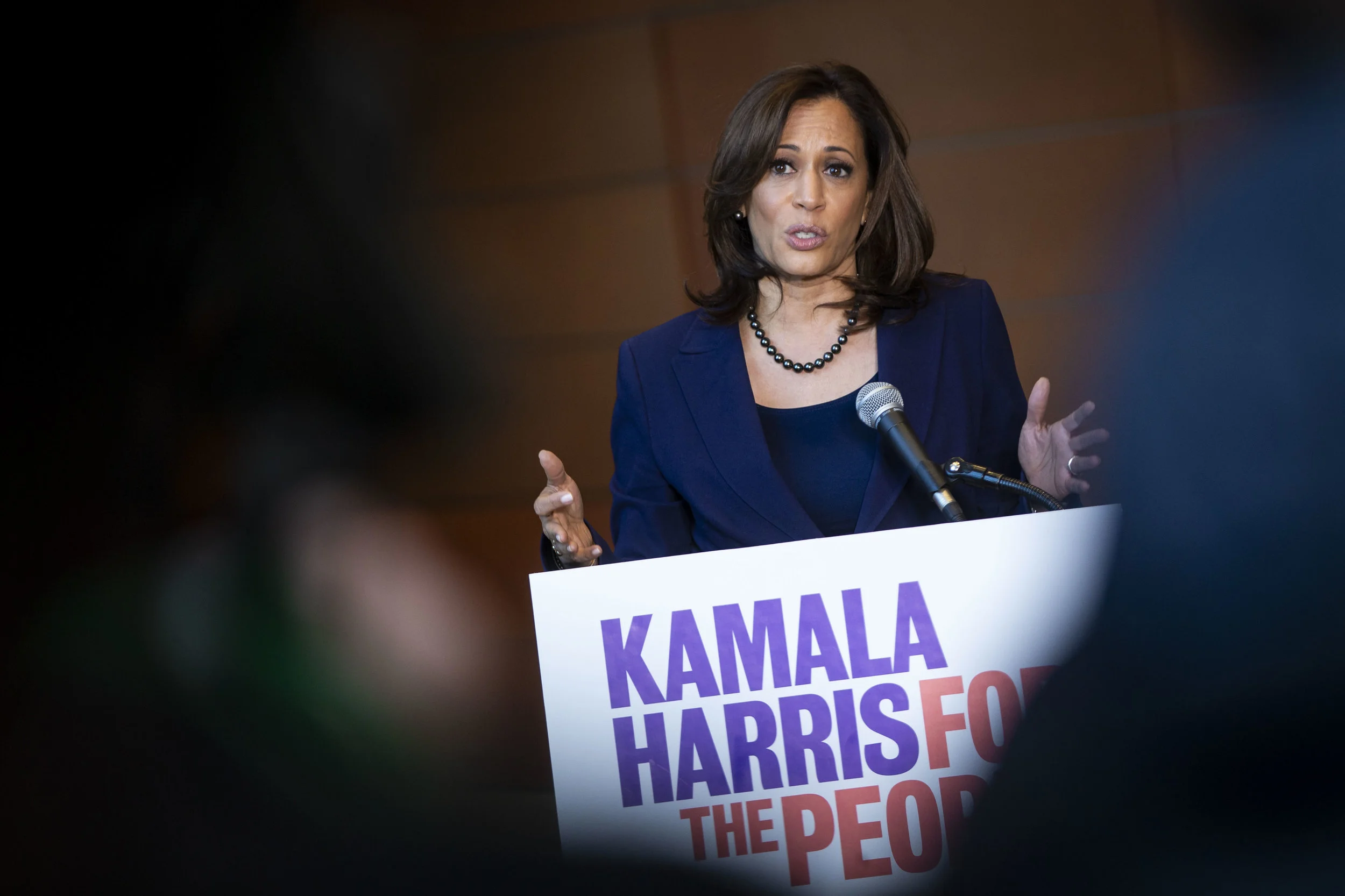 Senator Kamala Harris speaking to the press after announcing her presidential bid in January ( Image )