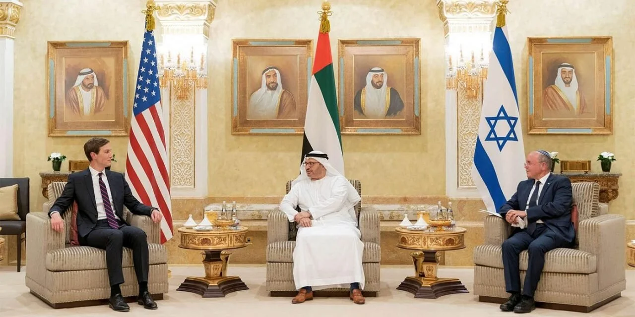 Trump Administration Senior Adviser Jared Kushner, UAE Foreign Minister Anwar Gargash and Israel's National Security Advisder Meir Ben Shabbat meeting in Abu Dhabi on August 31, 2020. Source.