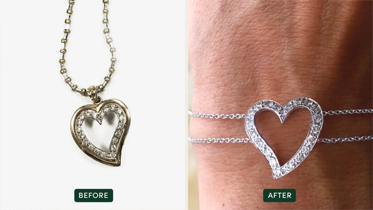Two images showing a before and after redesign. A silver heart charm with diamonds on a chain labeled before. A silver heart charm with diamonds on a double silver chain bracelet labeled after. 