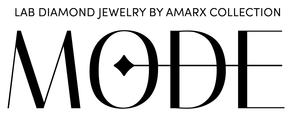 Minimalist text and graphic logo lockup. Text reads "Lab Diamond Jewelry by Amarx Collection" and "MODE" with stylized design elements.