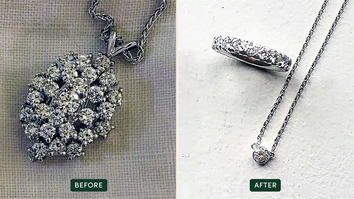 Two images showing a before and after redesign. A pendant necklace covered in diamonds labeled before. A diamond ring and solitaire diamond necklace labeled after. 